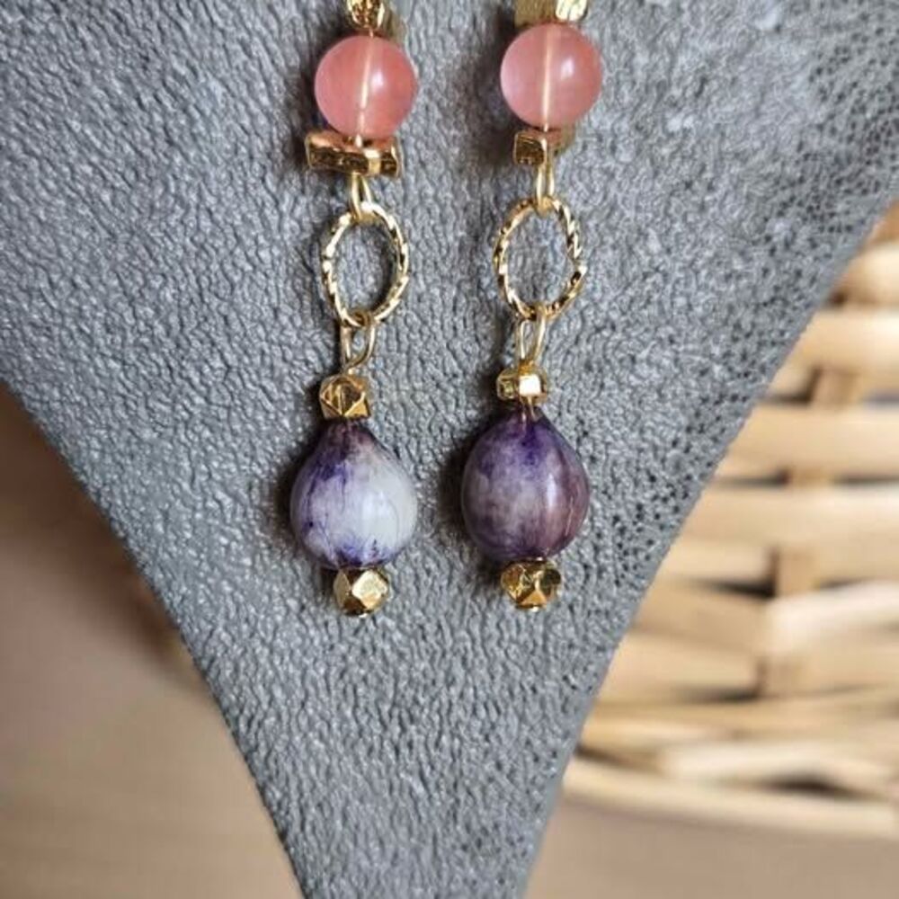 Handmade Pink & Purple Beaded Dangle Earrings Mixed New & Repurposed Materials